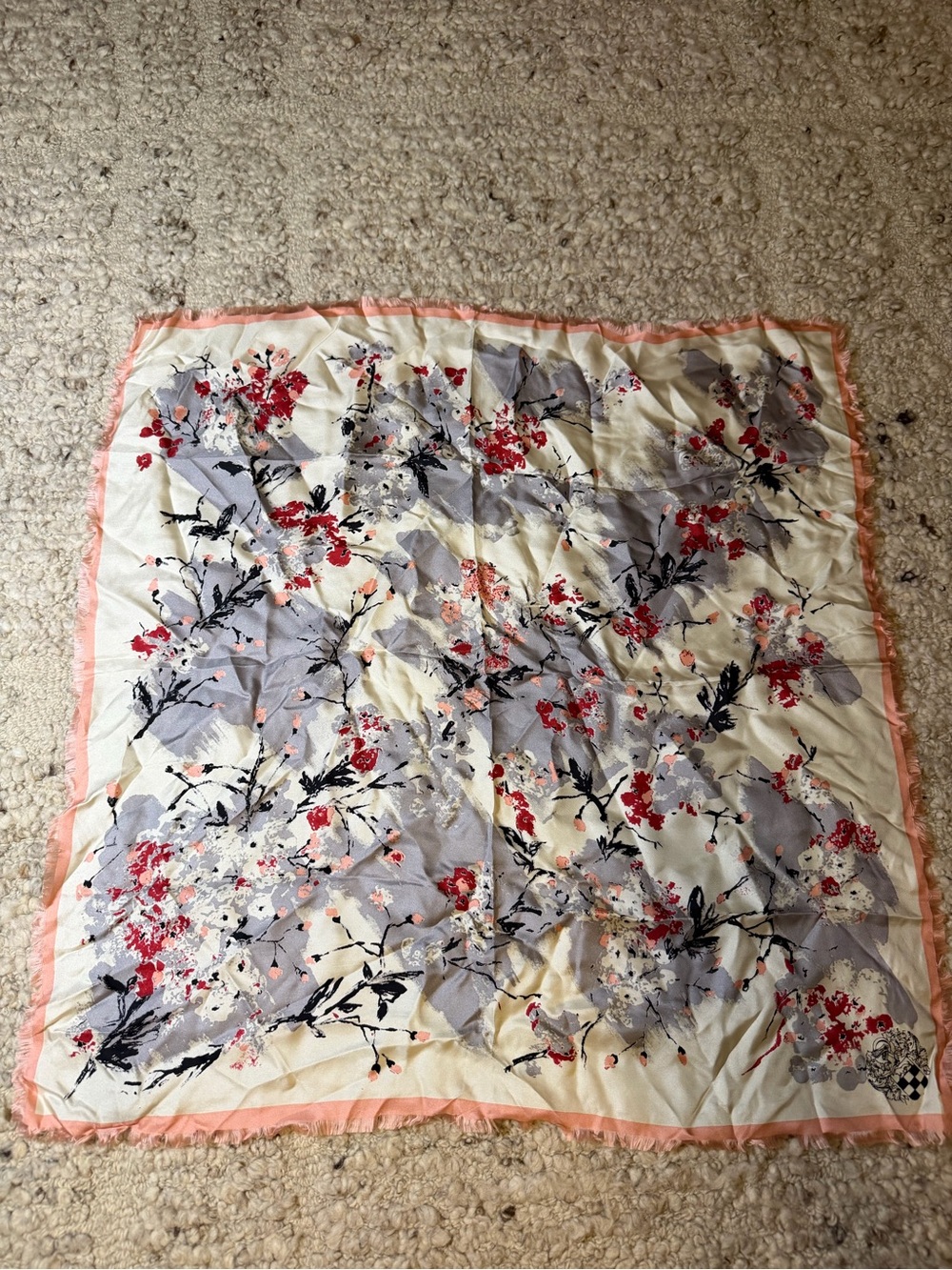 Vince Camuto Cream Scarf with Coral Trim and Gray Floral Print